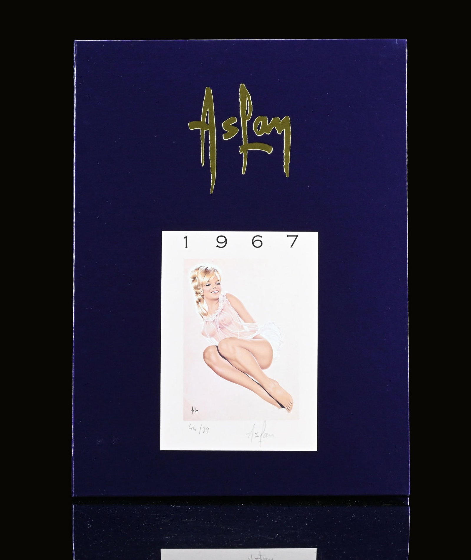 ASLAN PIN UPS | 1967 | 12" | SUPERB CONDITION: Yearbook by the Pin Up artist 'Aslan,' a complete set of individual nude and pin-up sketches, shown here is copy 44 of 99, 1967, 22 x 31 cm, the cover autographed in pencil and numbered, all pages sti