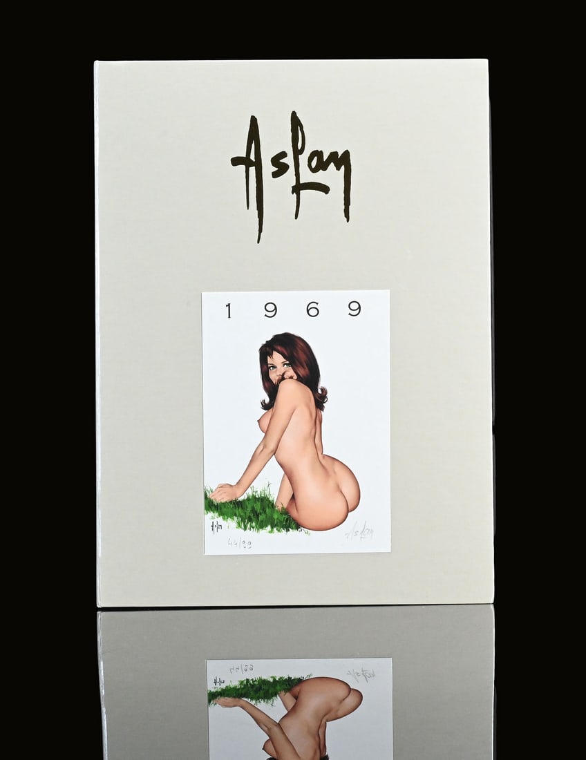 ASLAN PIN UPS | 1969 | 12" | SUPERB CONDITION: Yearbook by the Pin Up artist 'Aslan,' a complete set of individual nude and pin-up sketches, shown here is copy 44 of 99, 1969, 22 x 31 cm, the cover autographed in pencil and numbered, all pages sti