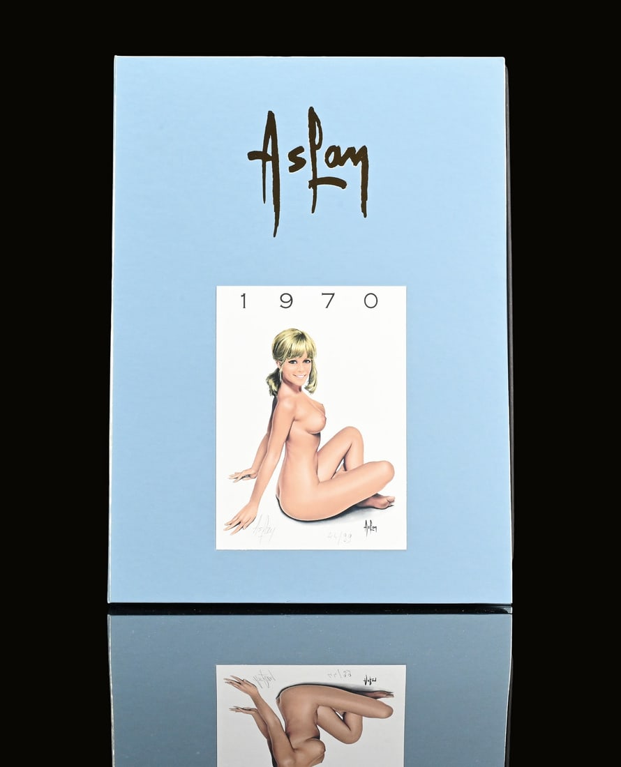 ASLAN PIN UPS | 1970 | 12" | SUPERB CONDITION: Yearbook by the Pin Up artist 'Aslan,' a complete set of individual nude and pin-up sketches, shown here is copy 44 of 99, 1970, 22 x 31 cm, the cover autographed in pencil and numbered, all pages sti