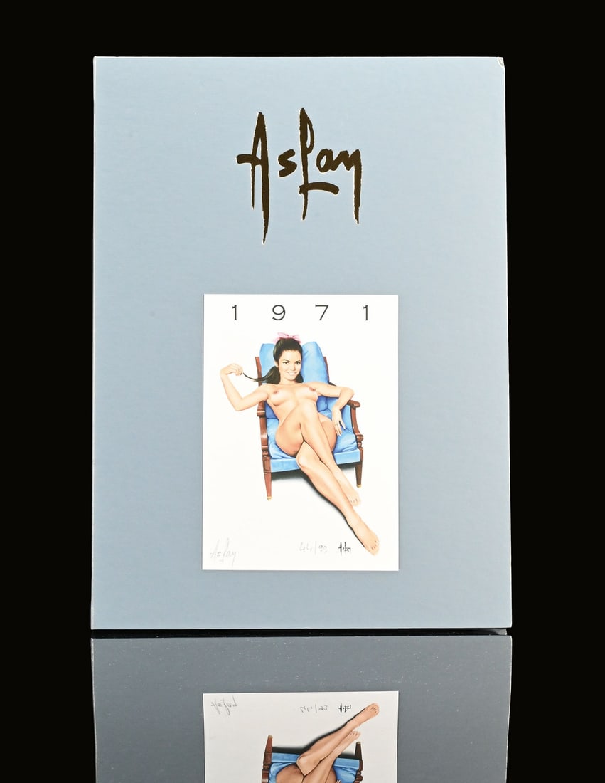 ASLAN PIN UPS | 1971 | 12" | SUPERB CONDITION: Yearbook by the Pin Up artist 'Aslan,' a complete set of individual nude and pin-up sketches, shown here is copy 44 of 99, 1971, 22 x 31 cm, the cover autographed in pencil and numbered, all pages sti