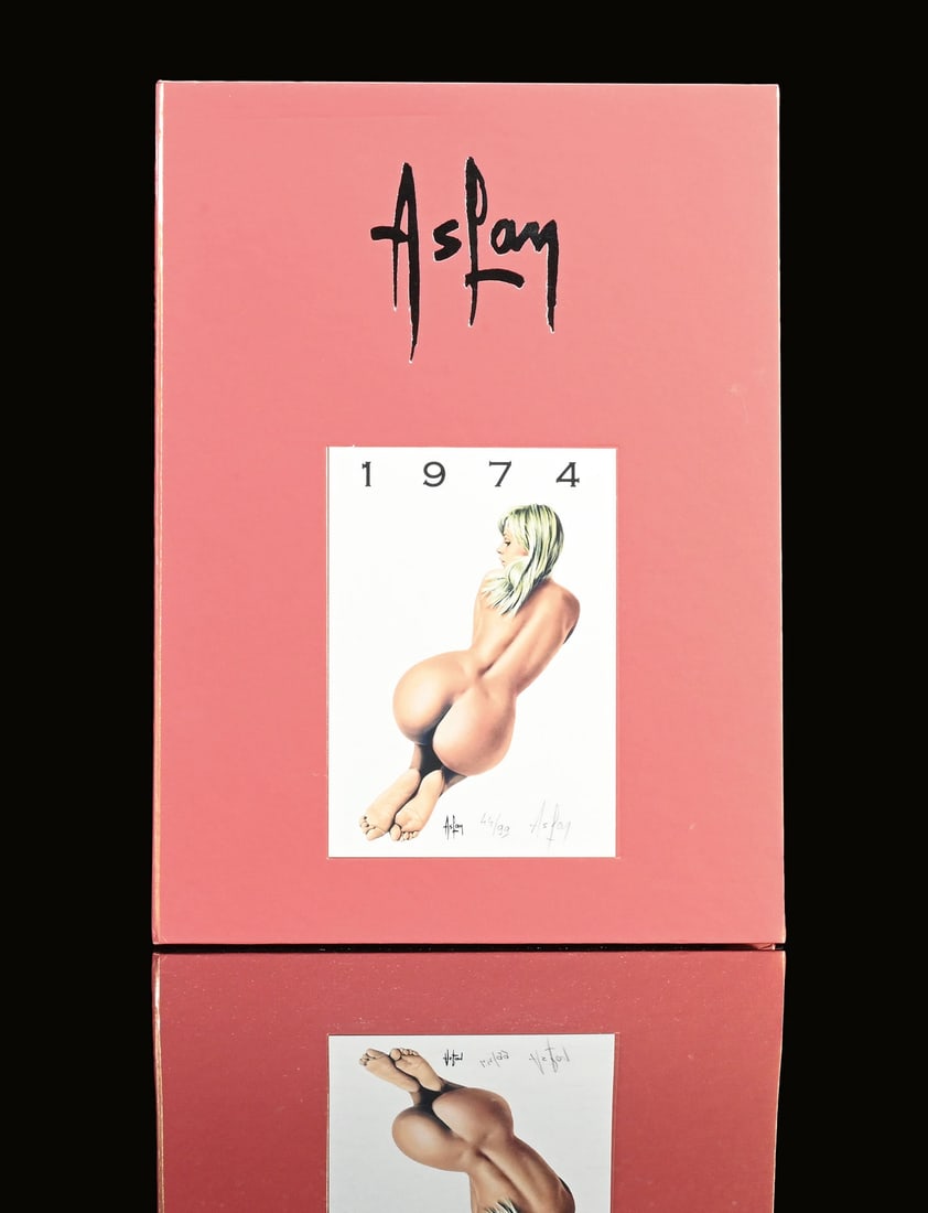 ASLAN PIN UPS | 1974 | 12" | SUPERB CONDITION: Yearbook by the Pin Up artist 'Aslan,' a complete set of individual nude and pin-up sketches, shown here is copy 44 of 99, 1974, 22 x 31 cm, the cover autographed in pencil and numbered, all pages sti