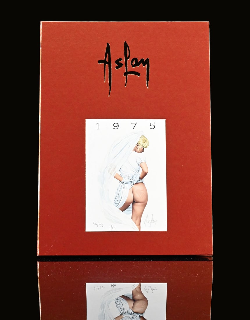 ASLAN PIN UPS | 1975 | 12" | SUPERB CONDITION: Yearbook by the Pin Up artist 'Aslan,' a complete set of individual nude and pin-up sketches, shown here is copy 44 of 99, 1975, 22 x 31 cm, the cover autographed in pencil and numbered, all pages sti