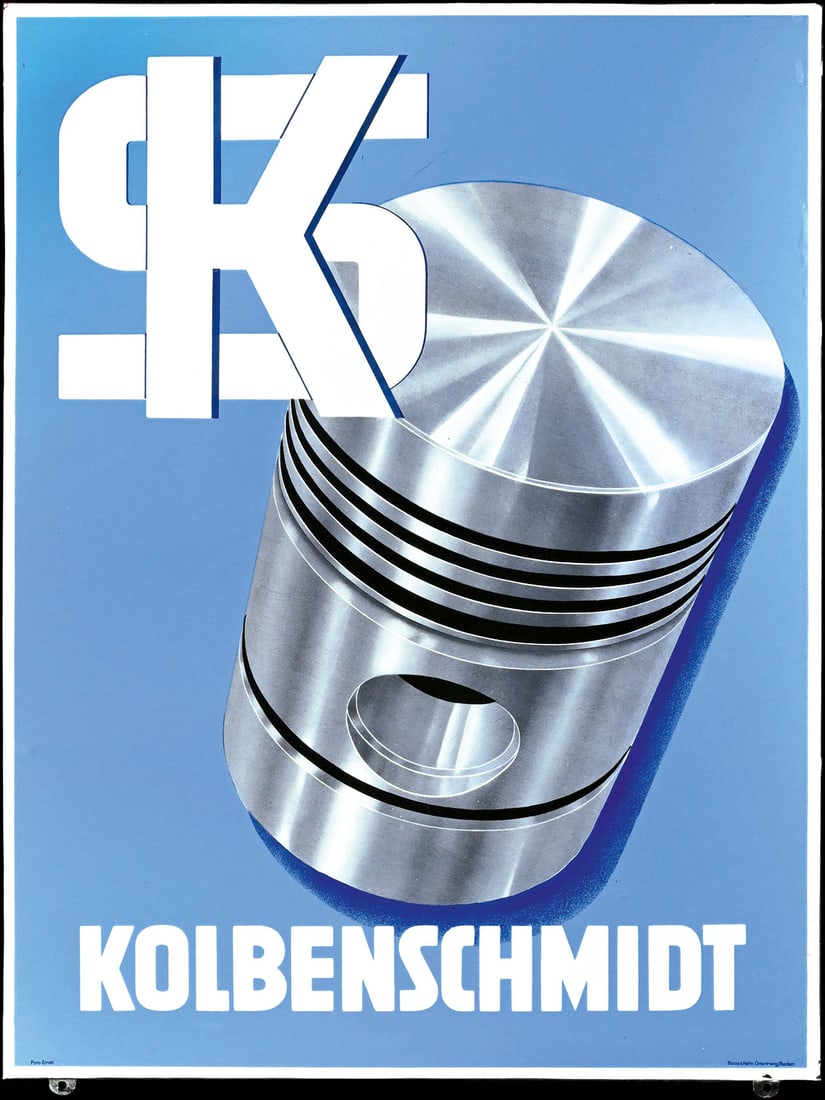 KS KOLBENSCHMIDT | 31" PORCELAIN SIGN | SUPERB CONDITION: Porcelain sign ( Enamel sign ), stenciled, lithographed, GER 1950s, 60 x 80 cm, Pyro-Email - Boos & Hahn, Ortenberg/Baden, rare version, very glossy and free of scratches | We do only sell old origina