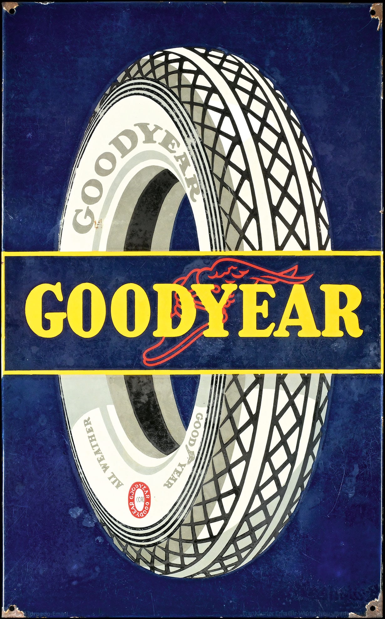 GOODYEAR | EARLY 39" PORCELAIN SIGN: Porcelain sign ( Enamel sign ), stenciled, around 1930, 60 x 98 cm, Frankfurter Emaillierwerke Neu-Isenburg, very rare, surface with scratches and traces of aging, after almost 100 years, the weatheri