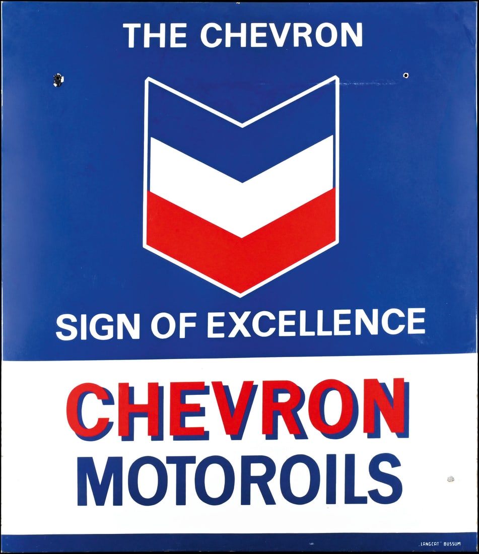 CHEVRON MOTOROILS | 46" PORCELAIN SIGN: Porcelain sign ( Enamel sign ), stenciled, 1960s, 102 x 118, "Langcat" Bussum, light traces of aging, two additional mounting holes | *Bulky-item shipping is available | We do only sell old original p