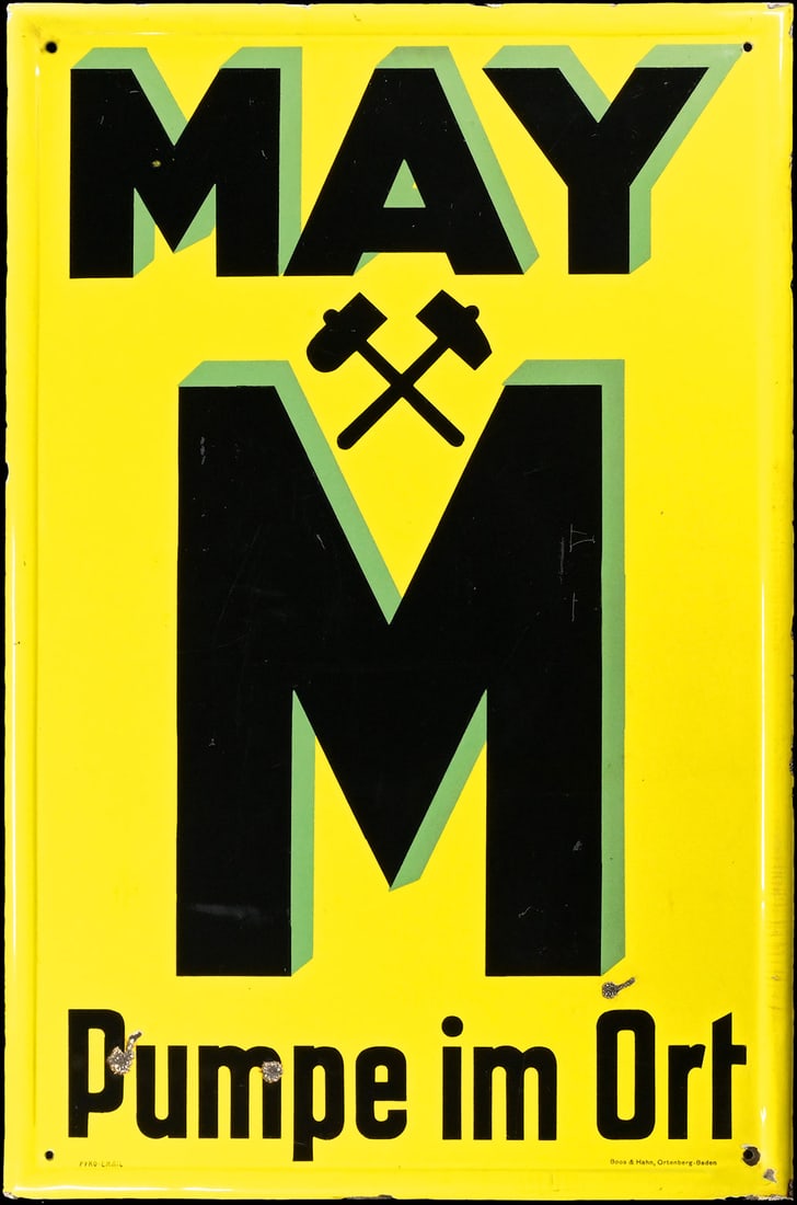 MAY PUMPE IM ORT | 39" PORCELAIN SIGN: Porcelain sign ( Enamel sign ), stenciled, GER around 1930, 65 x 100 cm, Pyro-Email - Boos & Hahn, Ortenberg-Baden, very beautiful gloss, rarely so good | *Bulky-item shipping is available | We do onl
