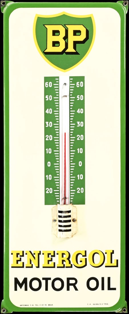 BP ENERGOL MOTOR OIL | 28" PORCELAIN SIGN | SUPERB CONDITION: Porcelain sign ( Enamel sign ), stenciled, integrated thermometer (original and working), BE 1956, 28 x 71 cm, Artemail S.A., a gem in wonderful original condition, even the lacquered protection grid 