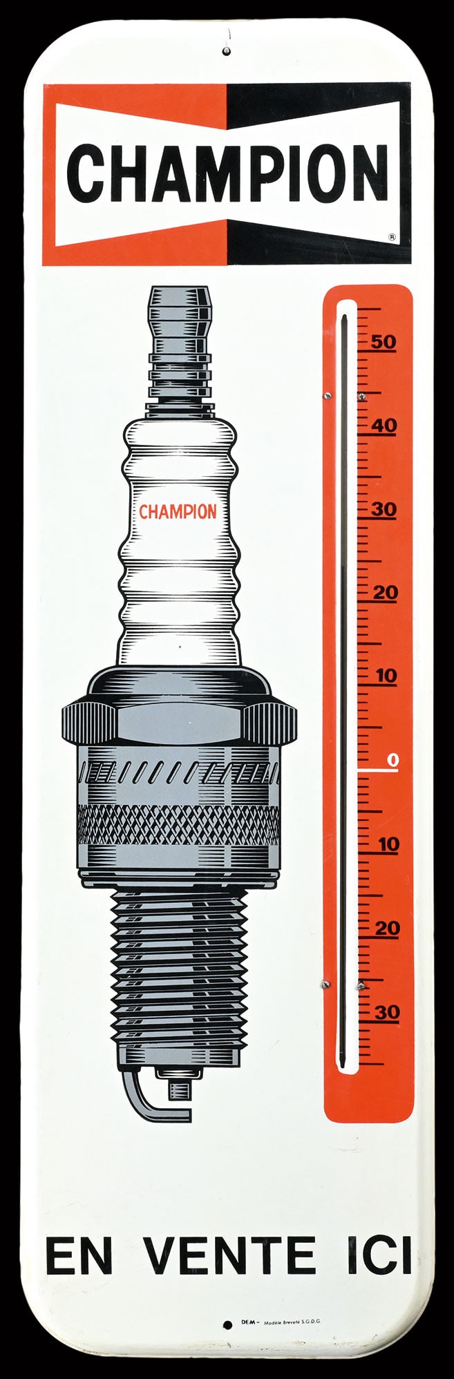 CHAMPION | 38" TIN SIGN: Tin sign, integrated thermometer (original and working), F 1960s, 30 x 97 cm, DEM | We do only sell old original pieces - no reproductions or fakes. We pack in house, most items can be shipped oversea