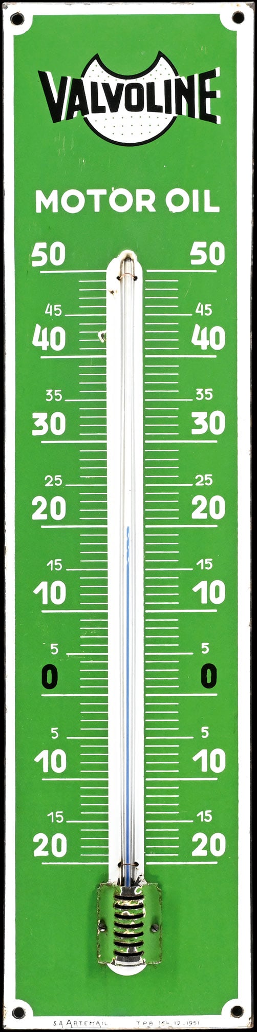 VALVOLINE MOTOR OIL | 29" PORCELAIN SIGN: Porcelain sign ( Enamel sign ), stenciled, integrated thermometer (working), BE 1951, 18 x 73 cm, S.A. Artemail | We do only sell old original pieces - no reproductions or fakes. We pack in house, mos