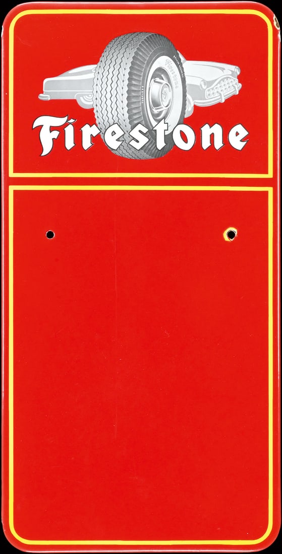 FIRESTONE | 18" PORCELAIN SIGN: Porcelain sign ( Enamel sign ), stenciled, 1950s, 24 x 46,5 cm, free spot to mount the current tire pressure table | We do only sell old original pieces - no reproductions or fakes. We pack in house, 