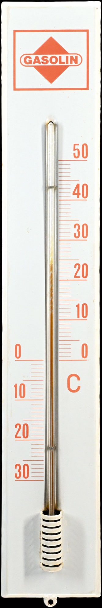 GASOLIN | 30" PORCELAIN SIGN: Porcelain sign ( Enamel sign ), stenciled, integrated thermometer (original and working), GER around 1960, 12 x 75 cm | We do only sell old original pieces - no reproductions or fakes. We pack in hous