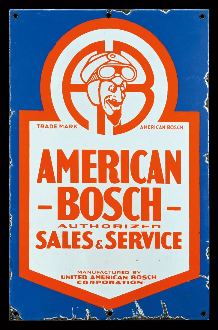 AMERICAN BOSCH | 24" PORCELAIN SIGN | DOUBLE SIDED HANGER: Porcelain sign ( Enamel sign ) as double-sided flange, thickly stenciled, USA around 1930, 39,5 x 61 cm, Made in U.S.A., a recently discovered find of which only one other, significantly less well-pre