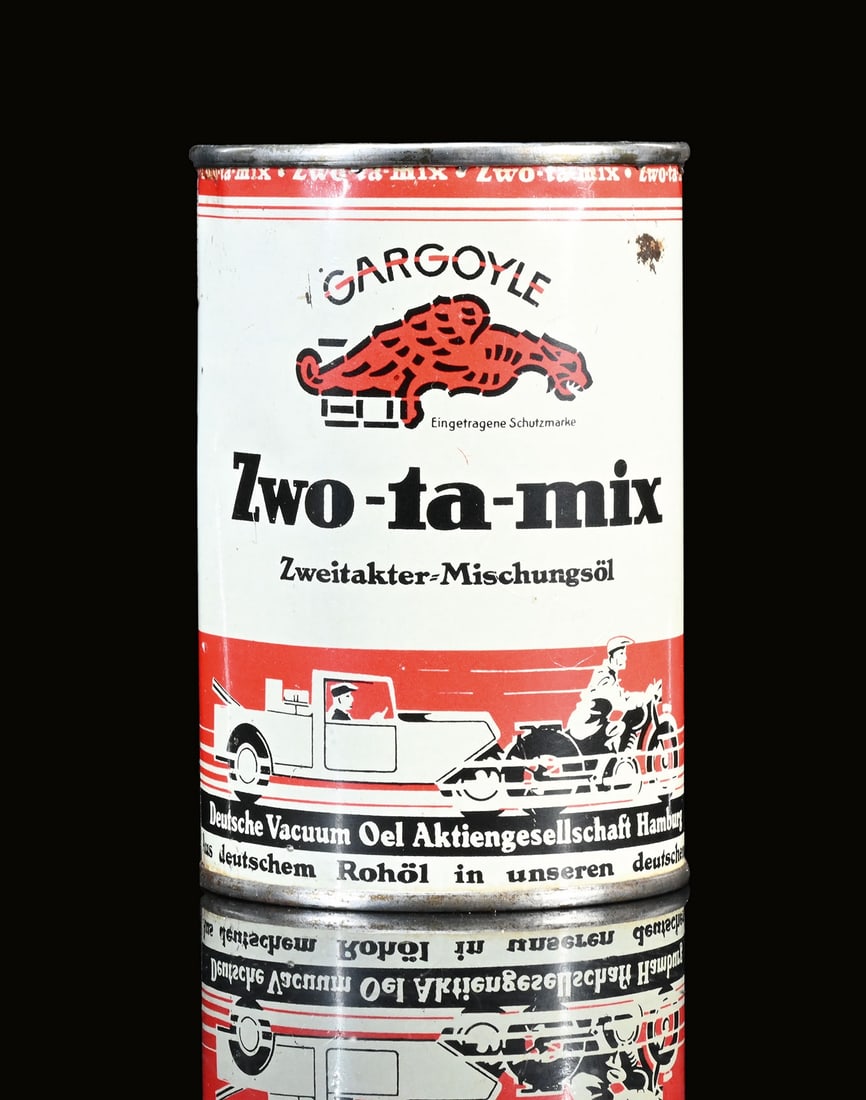 GARGOYLE ZWO-TA-MIX | OIL CAN: Oil can, tin, filling capacity 0.4 l, GER around 1930, H 11,5 cm, big version with beautiful automobile and motorcycle depiction | We do only sell old original pieces - no reproductions or fakes. We p