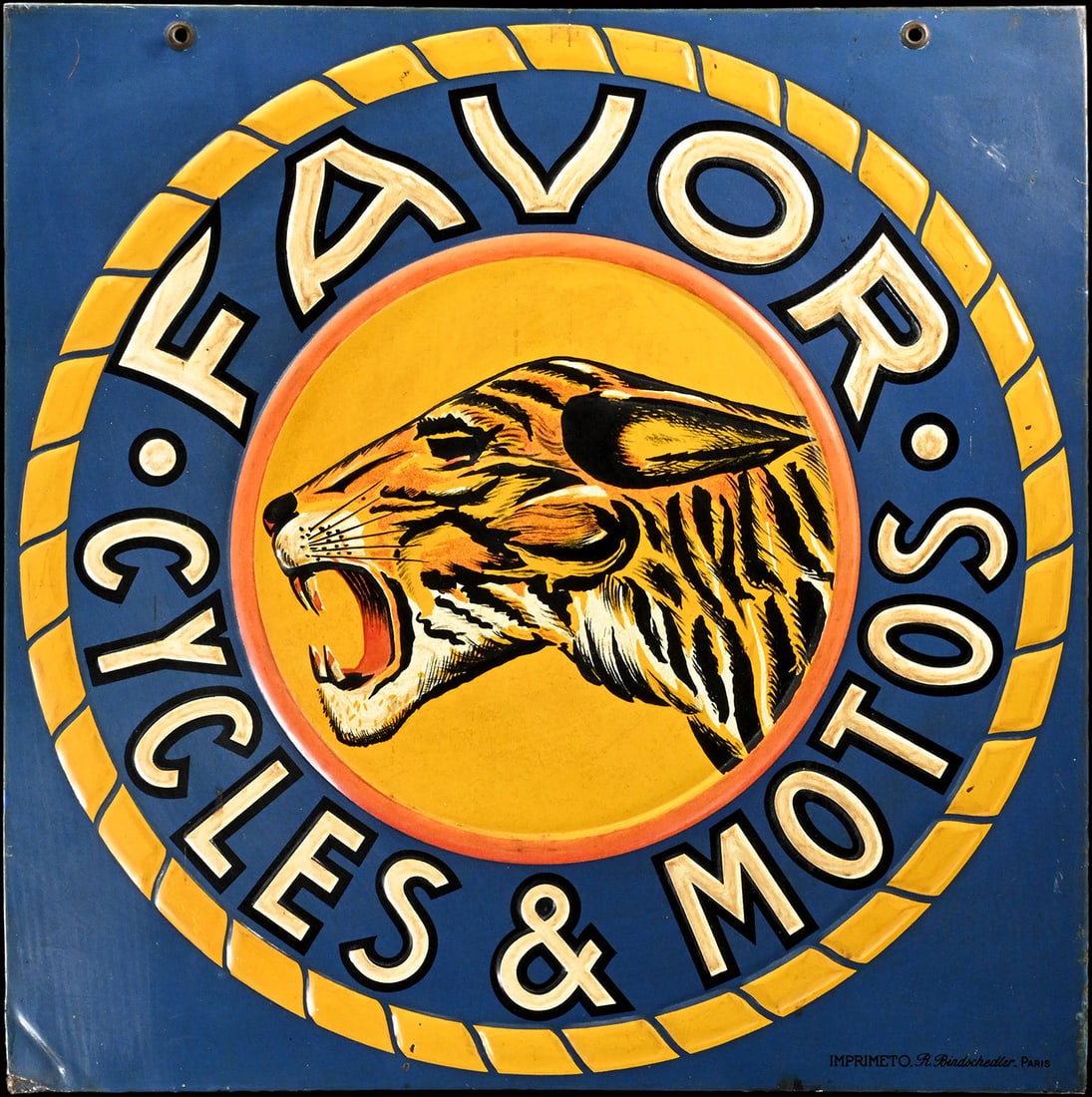 FAVOR CYCLES & MOTOS | IMPRESSIVE 20" TIN SIGN | DOUBLE SIDED FLANGE: Flange consisting of two Tin signs mounted to each other, embossed, lithographed, F around 1930, 50 x 50 cm, Imprimeto R. Bindschedler, Paris, with its bared fangs, the tiger captivates the attention 