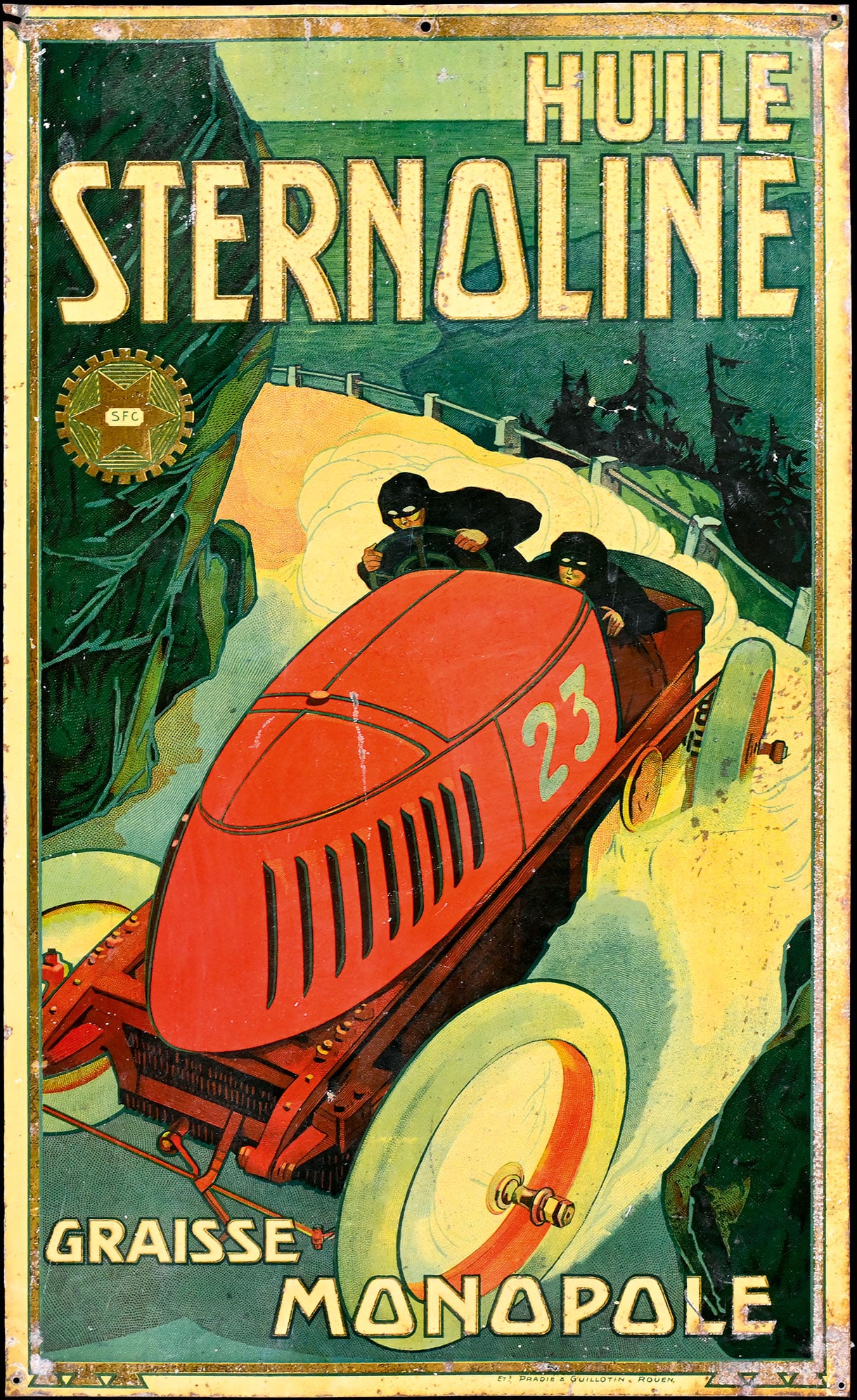 HUILE STERNOLINE | 20" TIN SIGN: Tin sign, finely lithographed, F around 1910, 30 x 50 cm, Ets. Paradie & Guillotin, Rouen, depicting the streamlined race car speeding along the narrow mountain pass, this image promotes motor oils fo