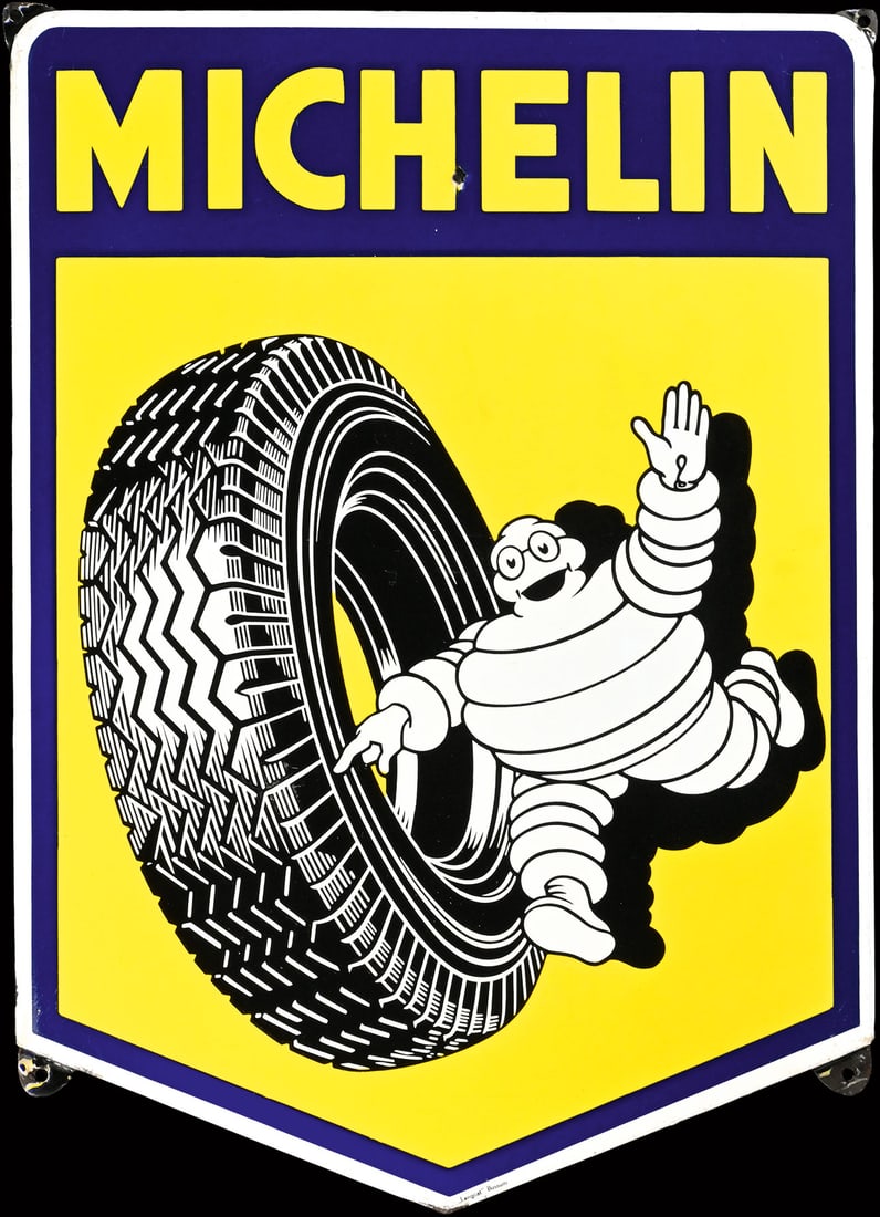 MICHELIN | 27" PORCELAIN SIGN: Porcelain sign ( Enamel sign ), stenciled, NL around 1950, 49 x 69 cm, "Langcat" Bussum, the big version of the Bibendum for the Dutch market, very glossy, rarely so good | We do only sell old origina