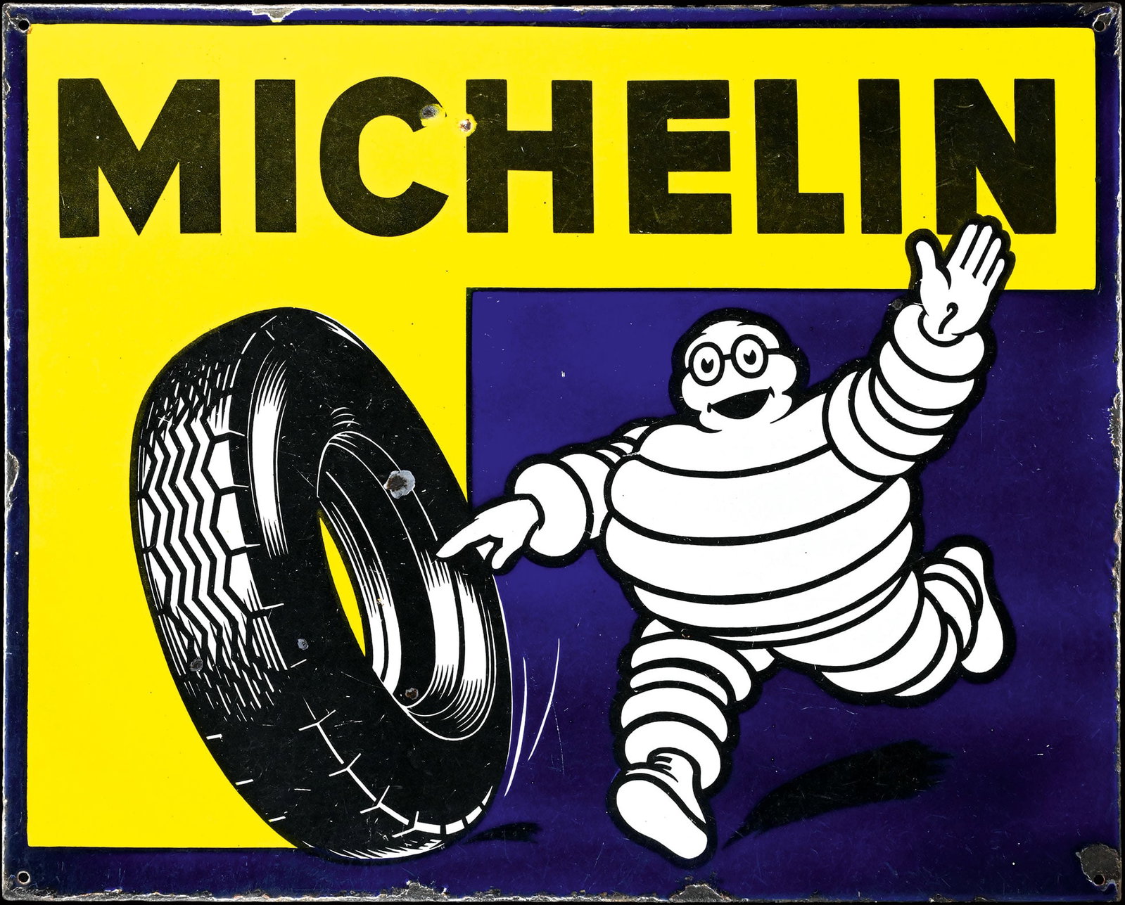 MICHELIN | 31" PORCELAIN SIGN: Porcelain sign ( Enamel sign ), stenciled, BE 1940s, 80 x 65 cm, Emaillerie Belge, Bruxelles, superficial stronger traces of aging, rare | We do only sell old original pieces - no reproductions or fak