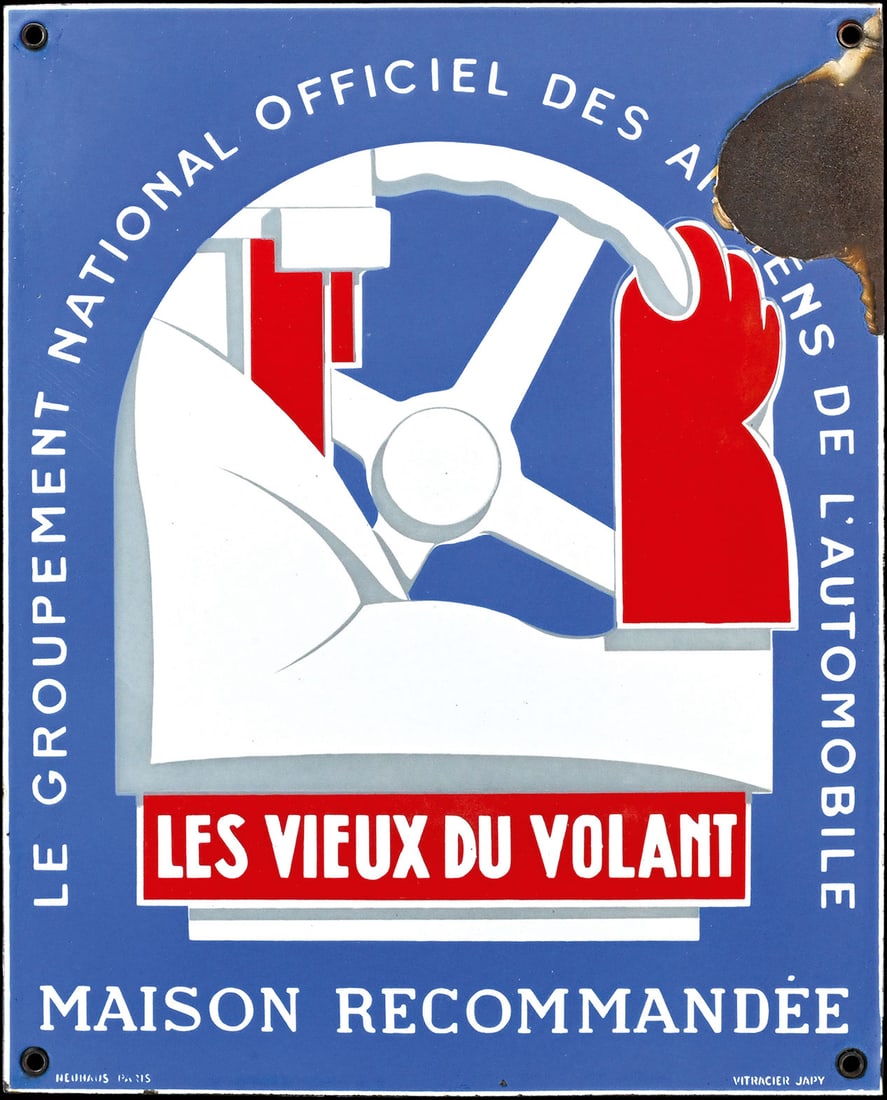 LES VIEUX DU VOLANT | 20" PORCELAIN SIGN: Porcelain sign ( Enamel sign ), stenciled, F 1930s, 40 x 50 cm, Neuhaus Paris, Vitracier Japy, a graphic illustration produced for the rest stops recommended by the Automobile Club | We do only sell o