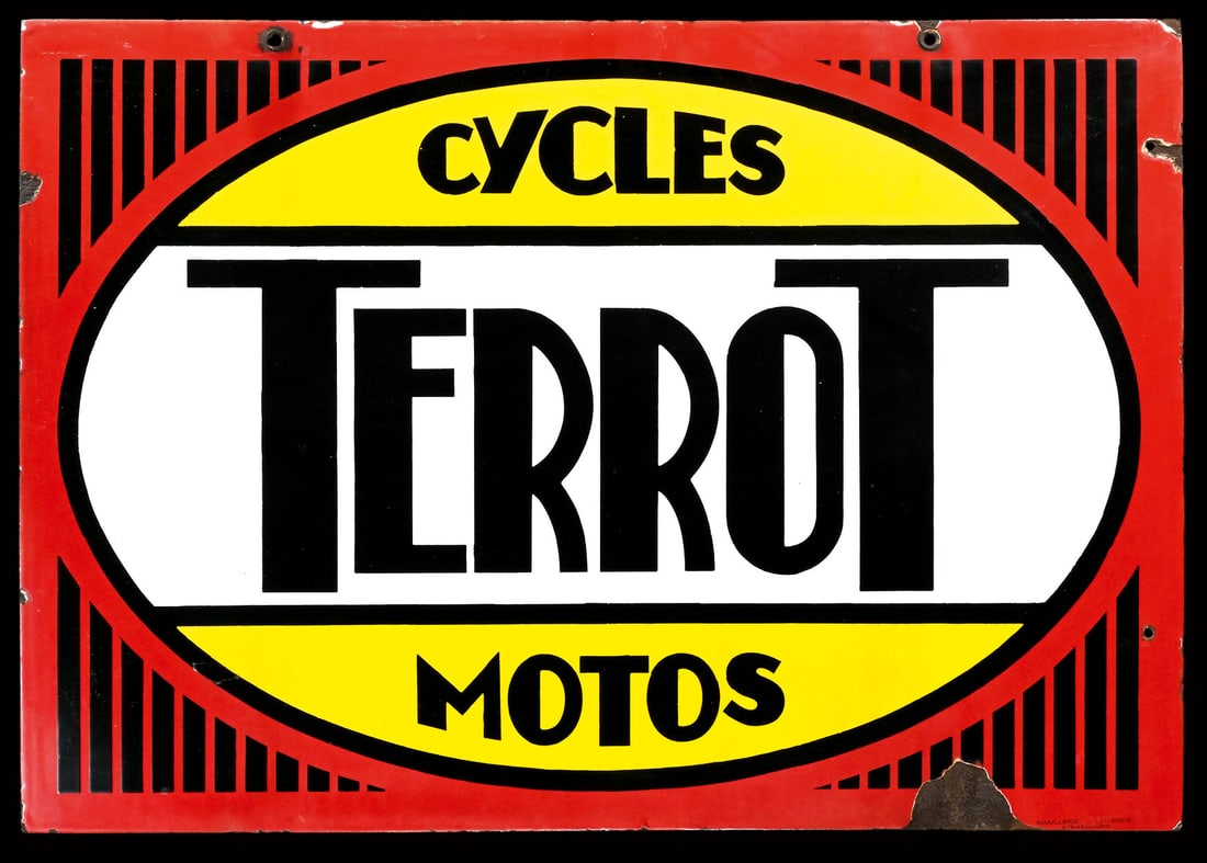 TERROT CYCLES MOTOS | 27" PORCELAIN SIGN | DOUBLE SIDED HANGER (1 of 2)