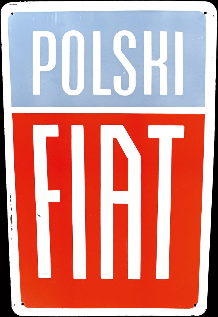 POLSKI FIAT | 31" PORCELAIN SIGN: Porcelain sign ( Enamel sign ), stenciled, PL/IT 1950s, 55 x 79 cm, a rarity from the Polish automaker, which had been building vehicles for the Polish market under license from the Italian manufactur