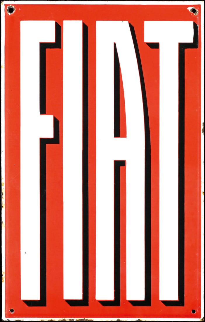 FIAT | 31" PORCELAIN SIGN | DOUBLE SIDED HANGER: Porcelain sign ( Enamel sign ) as double-sided hanger, stenciled, IT around 1950, 50 x 80 cm, extraordinary gloss | We do only sell old original pieces - no reproductions or fakes. We pack in house, m