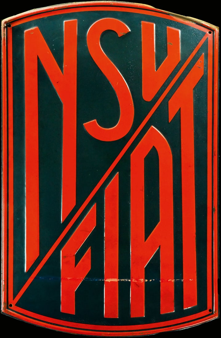 NSU FIAT | 30" TIN SIGN: Tin sign, convex, the lettering embossed, GER around 1934, 45 x 75 cm , the first model, the NSU-Fiat 1000, was introduced in 1934; this rare badge also dates from that time. | We do only sell old ori