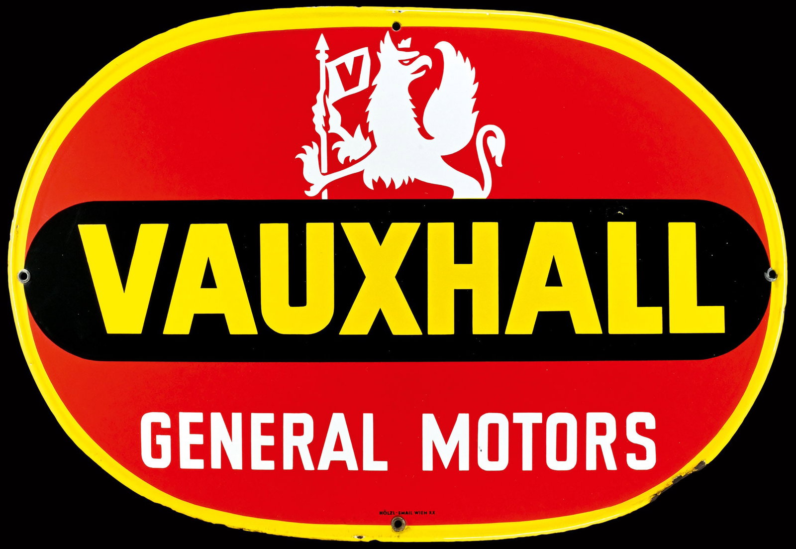 GENERAL MOTORS - VAUXHALL | 38" PORCELAIN SIGN: Porcelain sign ( Enamel sign ), stenciled, 1950s, 97 x 66 cm, Hoelzl-Email, Wien, very glossy surface | *Bulky-item shipping is available | We do only sell old original pieces - no reproductions or fa
