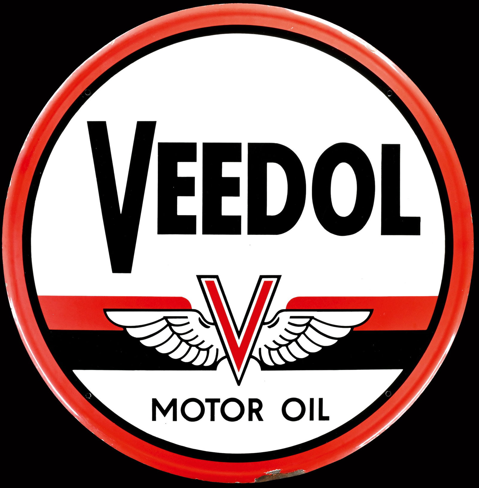 VEEDOL MOTOR OIL | BIG SIZE 39" PORCELAIN SIGN: Porcelain sign ( Enamel sign ), stenciled, 1950s, diam. 100 cm, rare size, amazing surface | *Bulky-item shipping is available | We do only sell old original pieces - no reproductions or fakes. We pac