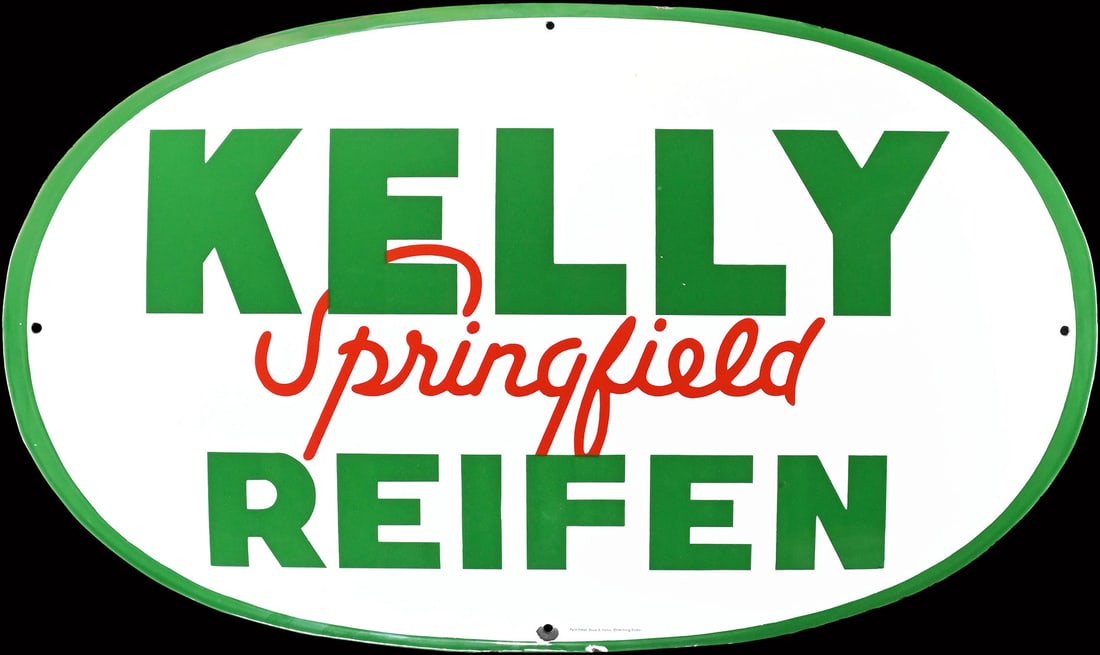 KELLY SPRINGFIELD REIFEN | 36" PORCELAIN SIGN: Porcelain sign ( Enamel sign ), convex, stenciled, 1950s, 91 x 54 cm, Pyro-Email - Boos & Hahn, Ortenberg/Baden, rare version | We do only sell old original pieces - no reproductions or fakes. We pack