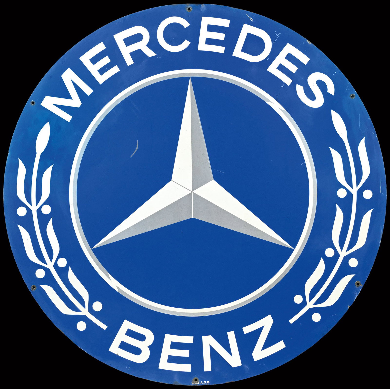 MERCEDES-BENZ | BIG SIZE 39" TIN SIGN: Big Tin sign, F 1960s, diam. 100 cm, S.A.S.A.G.O., rare | *Bulky-item shipping is available | We do only sell old original pieces - no reproductions or fakes. We pack in house, most items can be shipp
