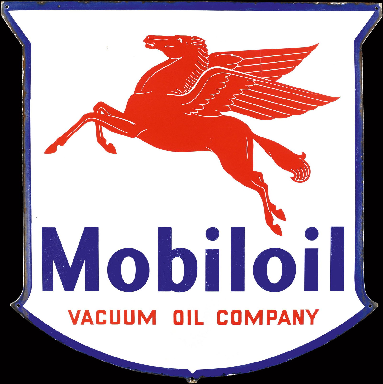 MOBILOIL VACUUM OIL COMPANY | 38" PORCELAIN SIGN: Porcelain sign ( Enamel sign ), stenciled, around 1950, 96 x 96 cm, not only due to its big size this is another Mobiloil shield that would be an eye-catcher in any garage, light traces of aging, rare