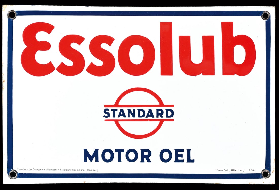 ESSOLUB STANDARD MOTOR OEL | 12" PORCELAIN SIGN | SUPERB CONDITION: Porcelain sign ( Enamel sign ), convex, stenciled, GER February 1934, 30 x 20 cm, Ferro Dold, Offenburg, fresh surface | We do only sell old original pieces - no reproductions or fakes. We pack in hou