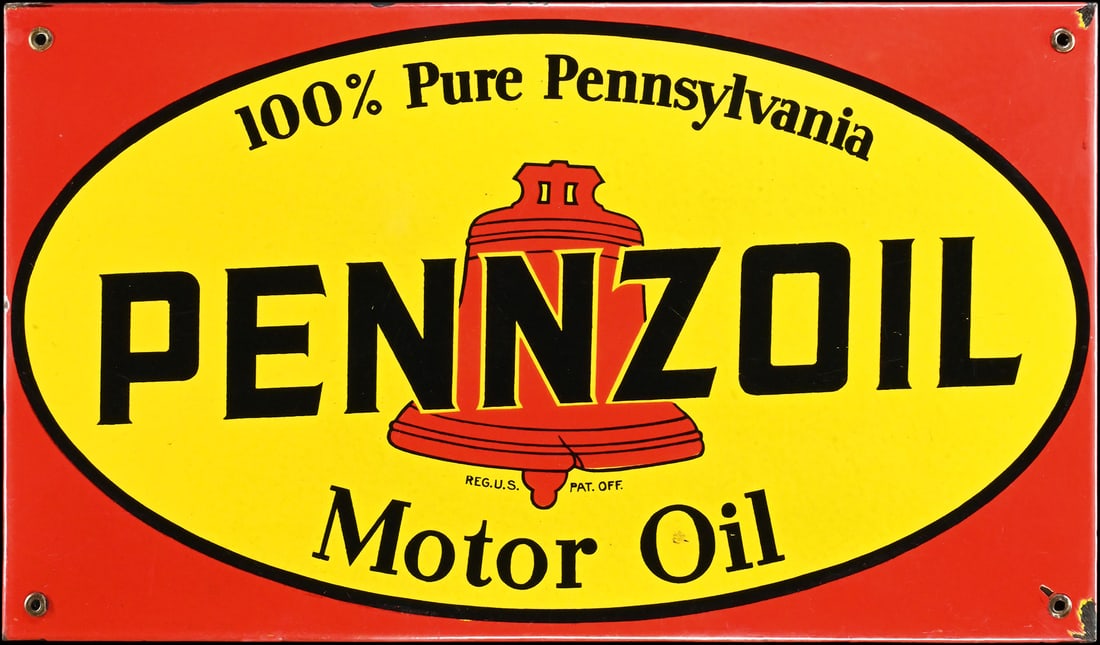 PENNZOIL MOTOR OIL | 24" PORCELAIN SIGN: Porcelain sign ( Enamel sign ), stenciled, BE 1950s, 60 x 35 cm, Foremail, Bruxelles, very beautiful gloss and colors, light scratches, rarely so well preserved | We do only sell old original pieces -