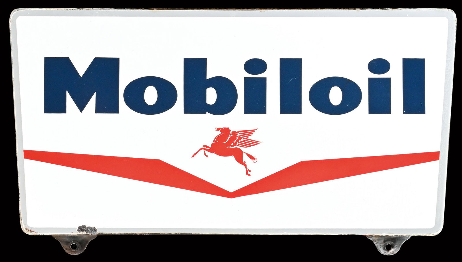 MOBILOIL | 20" PORCELAIN SIGN: Porcelain sign ( Enamel sign ), stenciled, 1950s, 50 x 25 cm, rare small version | We do only sell old original pieces - no reproductions or fakes. We pack in house, most items can be shipped overseas