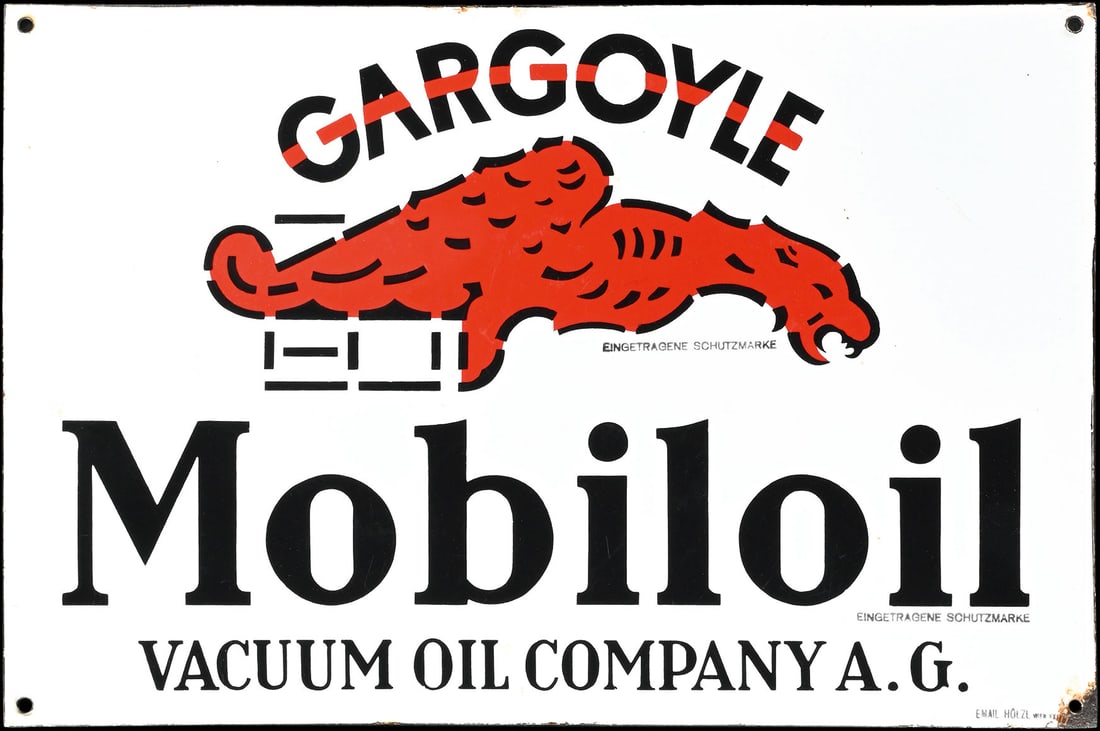 GARGOYLE MOBILOIL | 24" PORCELAIN SIGN: Porcelain sign ( Enamel sign ), stenciled, AT around 1930, 60 x 40 cm, Email Hoelzl, Wien, light traces of aging, rare version | We do only sell old original pieces - no reproductions or fakes. We pac
