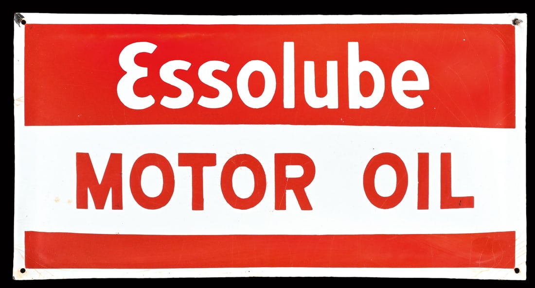 ESSOLUBE MOTOR OIL | 21" PORCELAIN SIGN: Porcelain sign ( Enamel sign ), convex, stenciled, around 1930, 53 x 28 cm, heavy good manufacturing, rare | We do only sell old original pieces - no reproductions or fakes. We pack in house, most ite