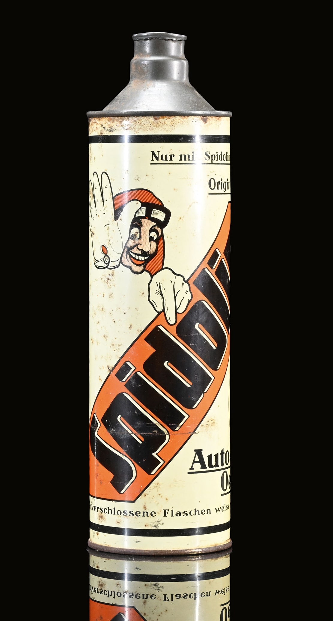 SPIDOLIN | OIL CAN: Oil can, tin, filling capacity 1 l, GER around 1930, H 27 cm, S.B.F., the racing driver designed by Giorgio Muggiani here on an OIL CAN, rare | We do only sell old original pieces - no reproductions o
