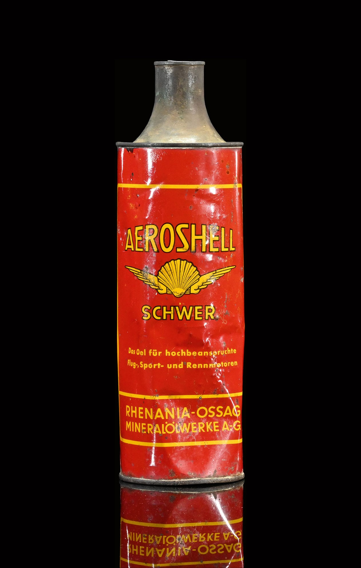 AEROSHELL SCHWER | OIL CAN: Oil can, tin, filling capacity 1 l, GER around 1930, H 27 cm, dents need to be mentioned, rare | We do only sell old original pieces - no reproductions or fakes. We pack in house, most items can be sh
