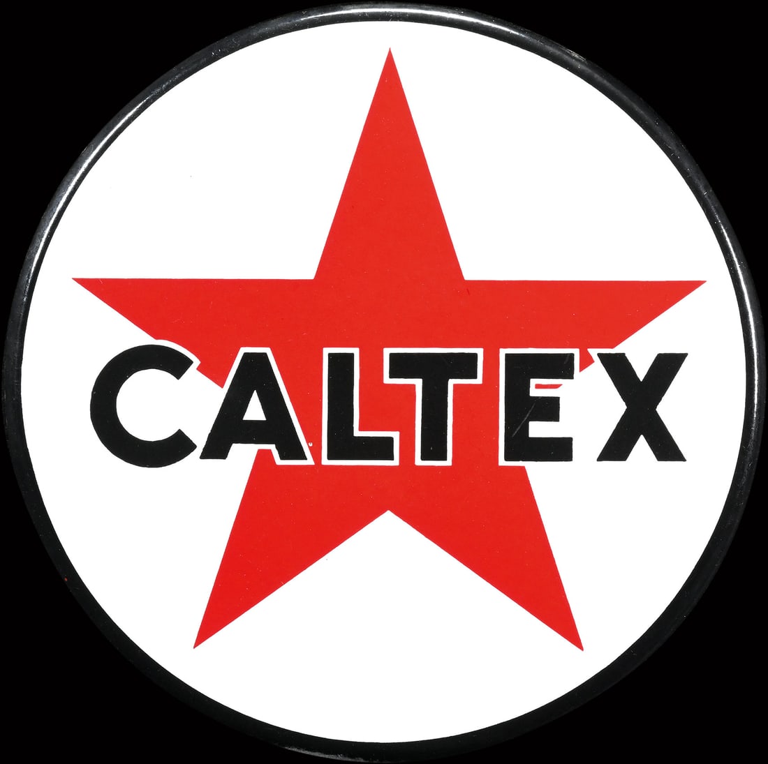 CALTEX | 9" PORCELAIN SIGN | SUPERB CONDITION: Porcelain sign ( Enamel sign ), stenciled, 1950s, diam. 24 cm | *Bulky-item shipping is available | We do only sell old original pieces - no reproductions or fakes. We pack in house, most items can be