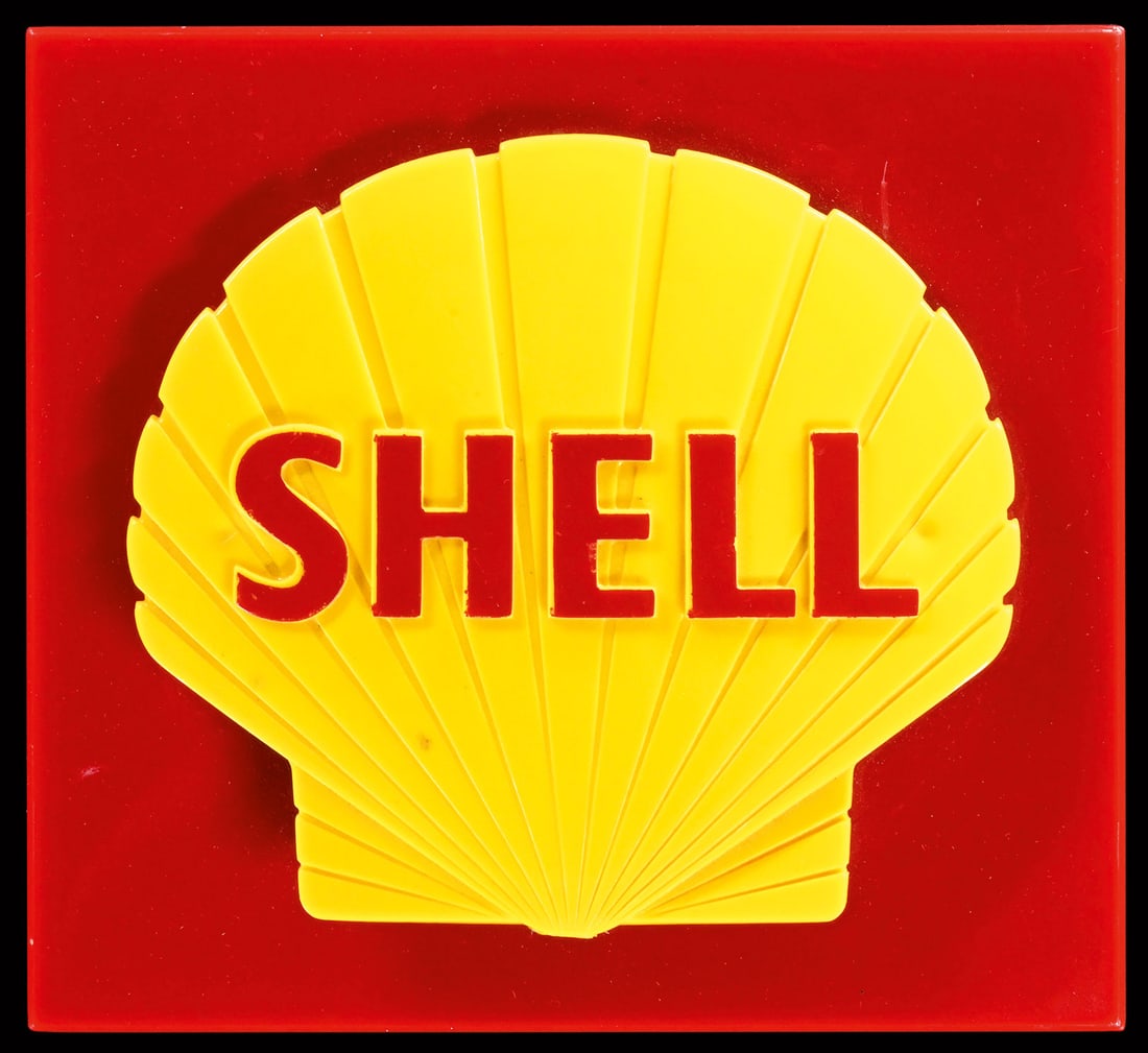 SHELL | 6" PUMP PLATE: Plastic, 1970s, 16 x 15 cm, still with the original nuts | We do only sell old original pieces - no reproductions or fakes. We pack in house, most items can be shipped overseas. Wooden crates are avai