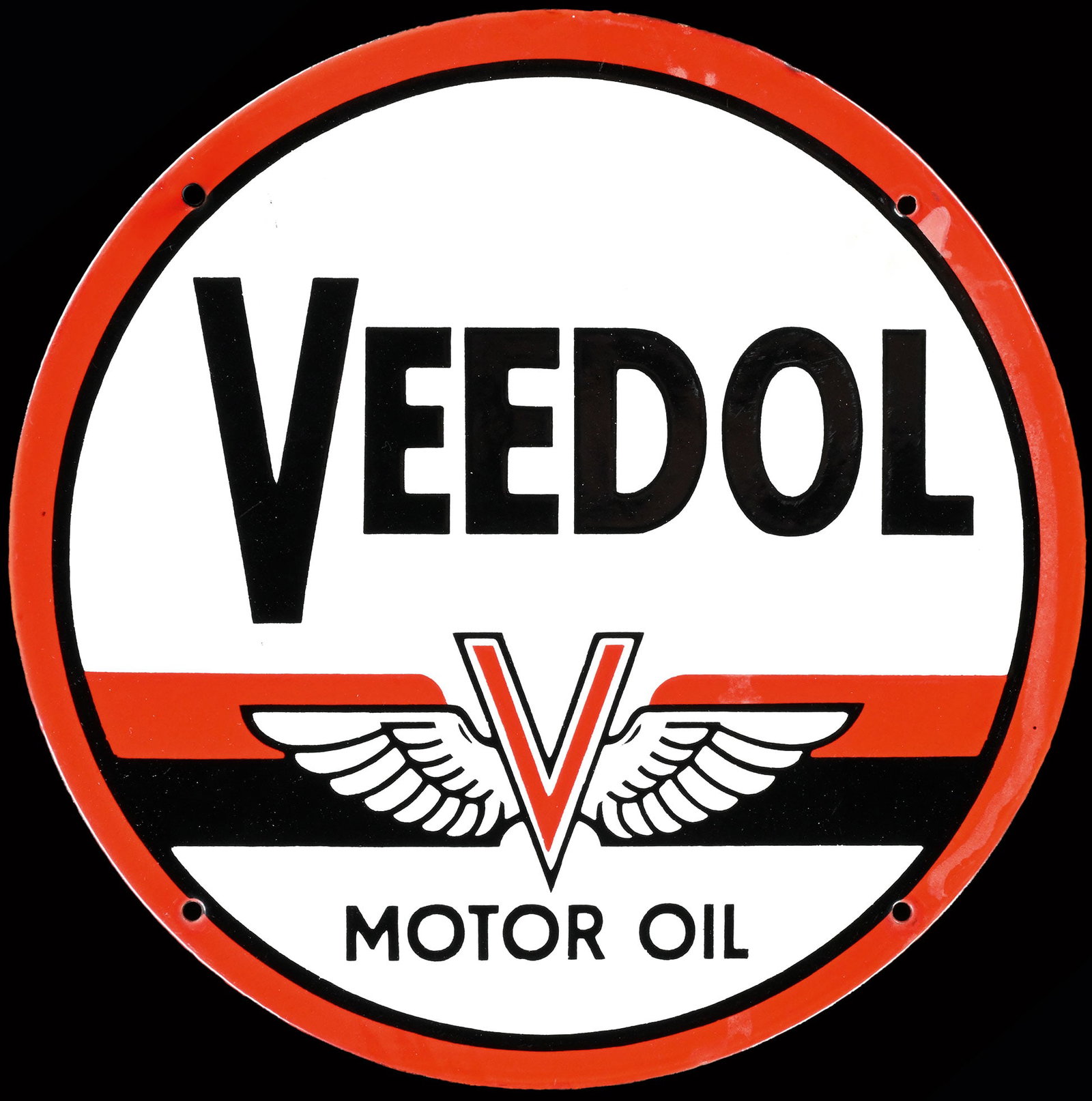 VEEDOL MOTOR OIL | 10" PUMP PLATE PORCELAIN SIGN: Porcelain sign ( Enamel sign ), stenciled, around 1950, diam. 25 cm, no damages apart from light traces of aging, rarely so good | We do only sell old original pieces - no reproductions or fakes. We p