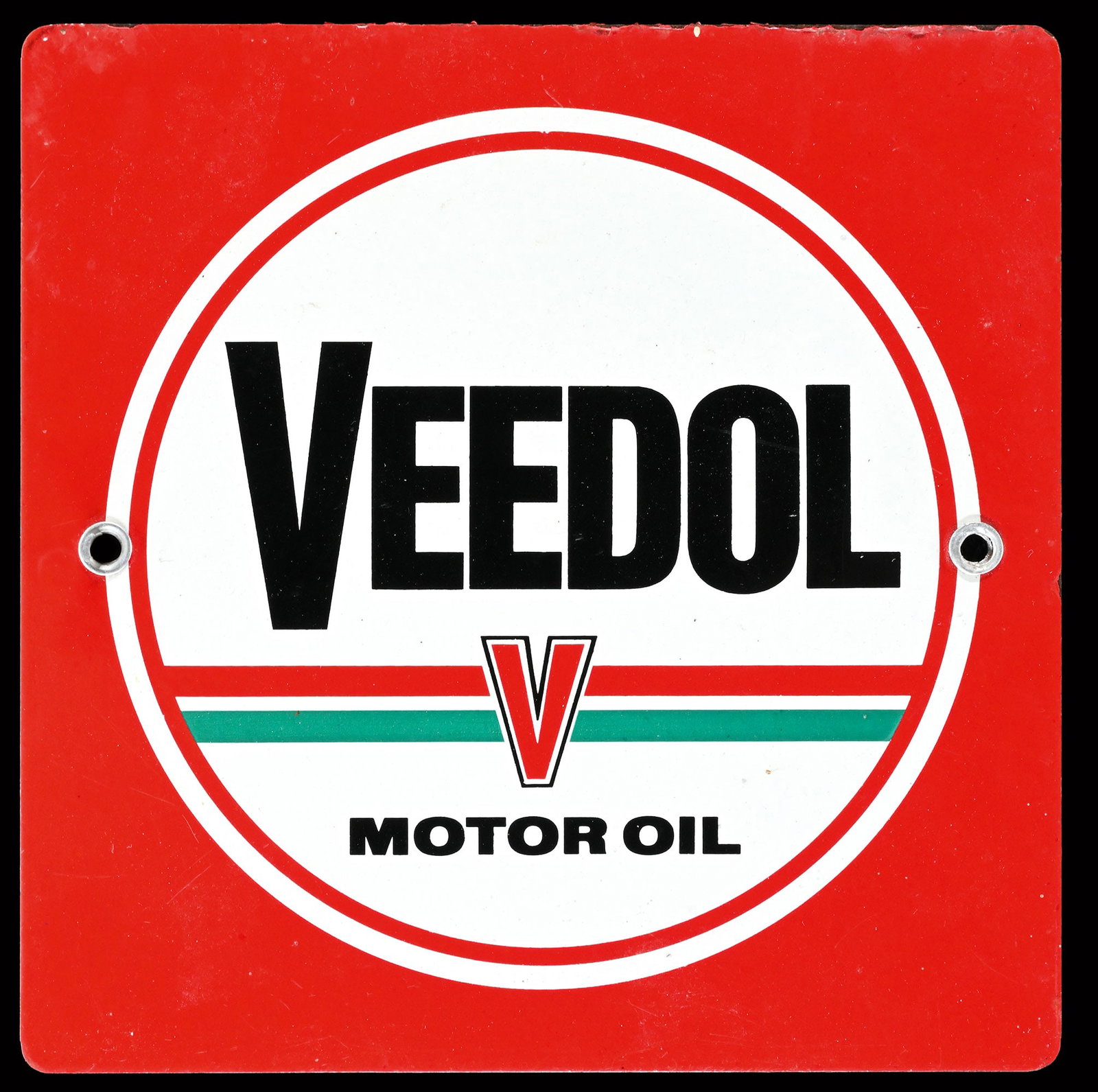 VEEDOL MOTOR OIL | RARE 9" PUMP PLATE TIN SIGN | SUPERB CONDITION: Tin sign, 1960s, 23 x 23 cm, rare small pump plate, the mounting holes still with the original eyelets | We do only sell old original pieces - no reproductions or fakes. We pack in house, most items c