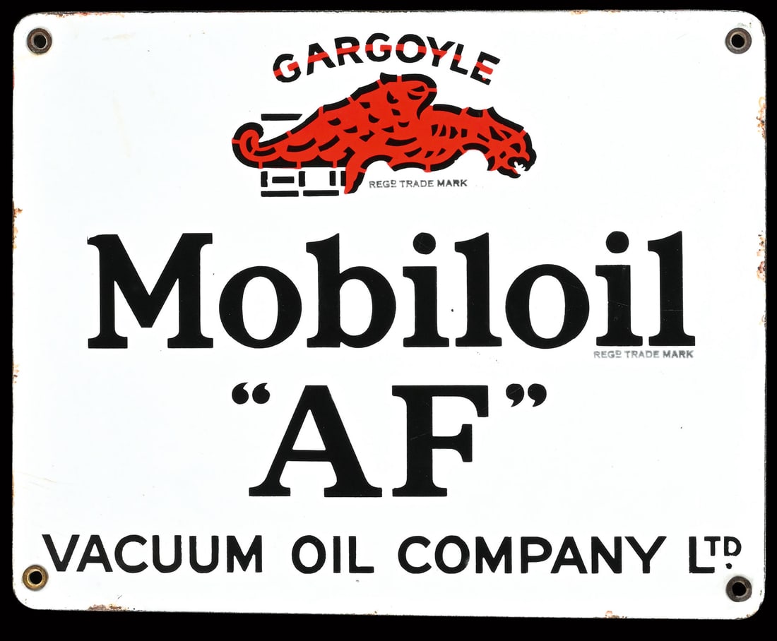 MOBILOIL "AF" | 11" PORCELAIN SIGN | SUPERB CONDITION: Porcelain sign ( Enamel sign ), stenciled, around 1930, 29 x 23 cm, rare, especially in such a fine preservation | We do only sell old original pieces - no reproductions or fakes. We pack in house, mo