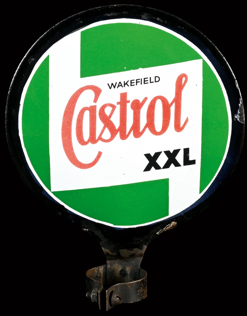WAKEFIELD CASTROL XXL | 11" PUMP PLATE PORCELAIN SIGN: Porcelain sign ( Enamel sign ), pump plate with original fixation, convex, double-sided, stenciled, DK around 1950, 23 x 28 cm, rare, very beautiful gloss | We do only sell old original pieces - no re