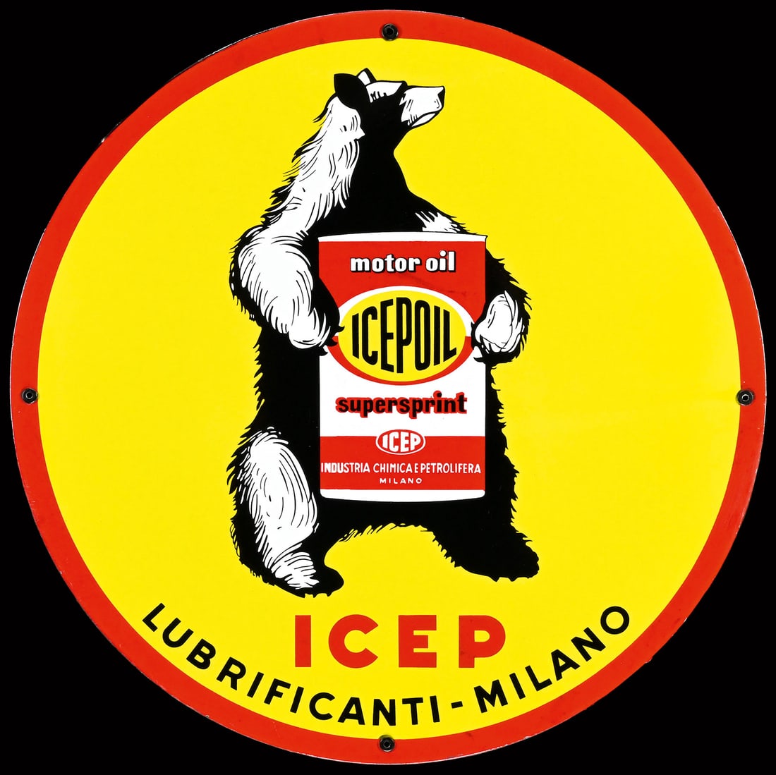 ICEPOIL MOTOR OIL | RARE 20" PORCELAIN SIGN | SUPERB CONDITION: Porcelain sign ( Enamel sign ), stenciled, Milano/IT 1950s, diam. 50 cm, the polar bear holds the can of ICEPOIL motor oil firmly in its paws - a rarity in pristine condition, with its gloss and color