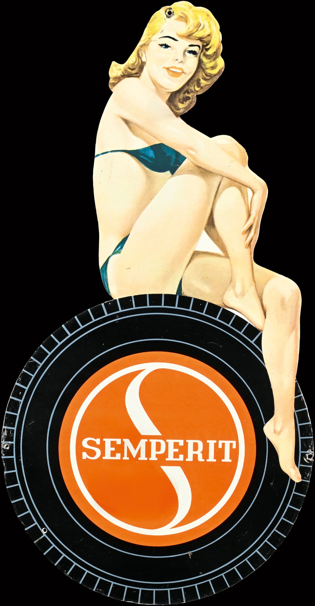 SEMPERIT | 15" PIN UP: Semperit girl in bikini, tin, SWE around 1960, 20 x 38 cm, a rarity that is second to none in the pin-up world. While it was listed without a picture in Schofers' book *Pin-Ups werben*, we are now abl