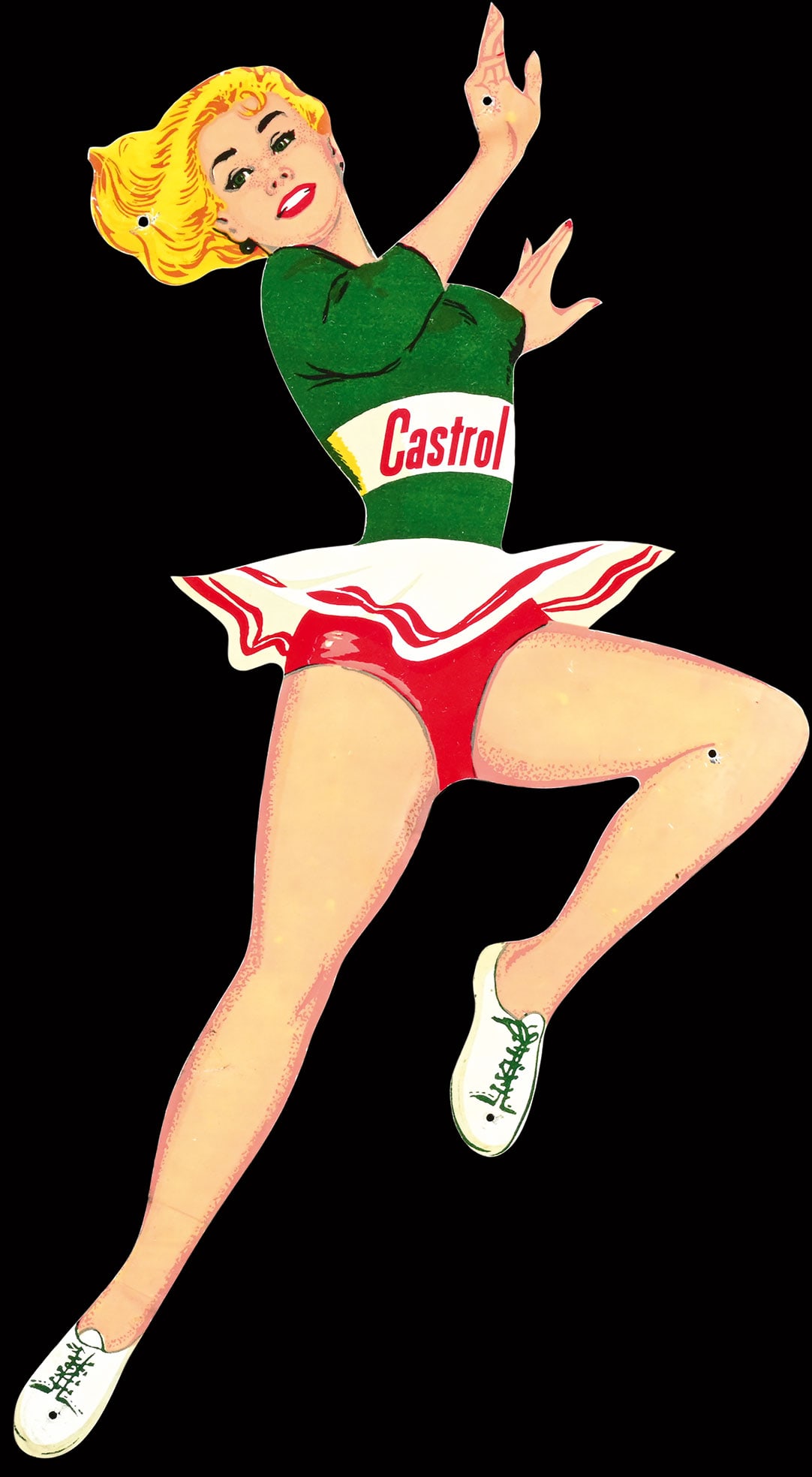 CASTROL | MAGNIFICIENT 17" PIN UP | SUPERB CONDITION: Castrol dancer, aluminium tin, SWE 1950s, 22 x 44 cm, one of the most beautiful pin-ups ever, here, the lady in a short skirt dancefully advertises Castrol Motor Oil. In such excellent condition, it's