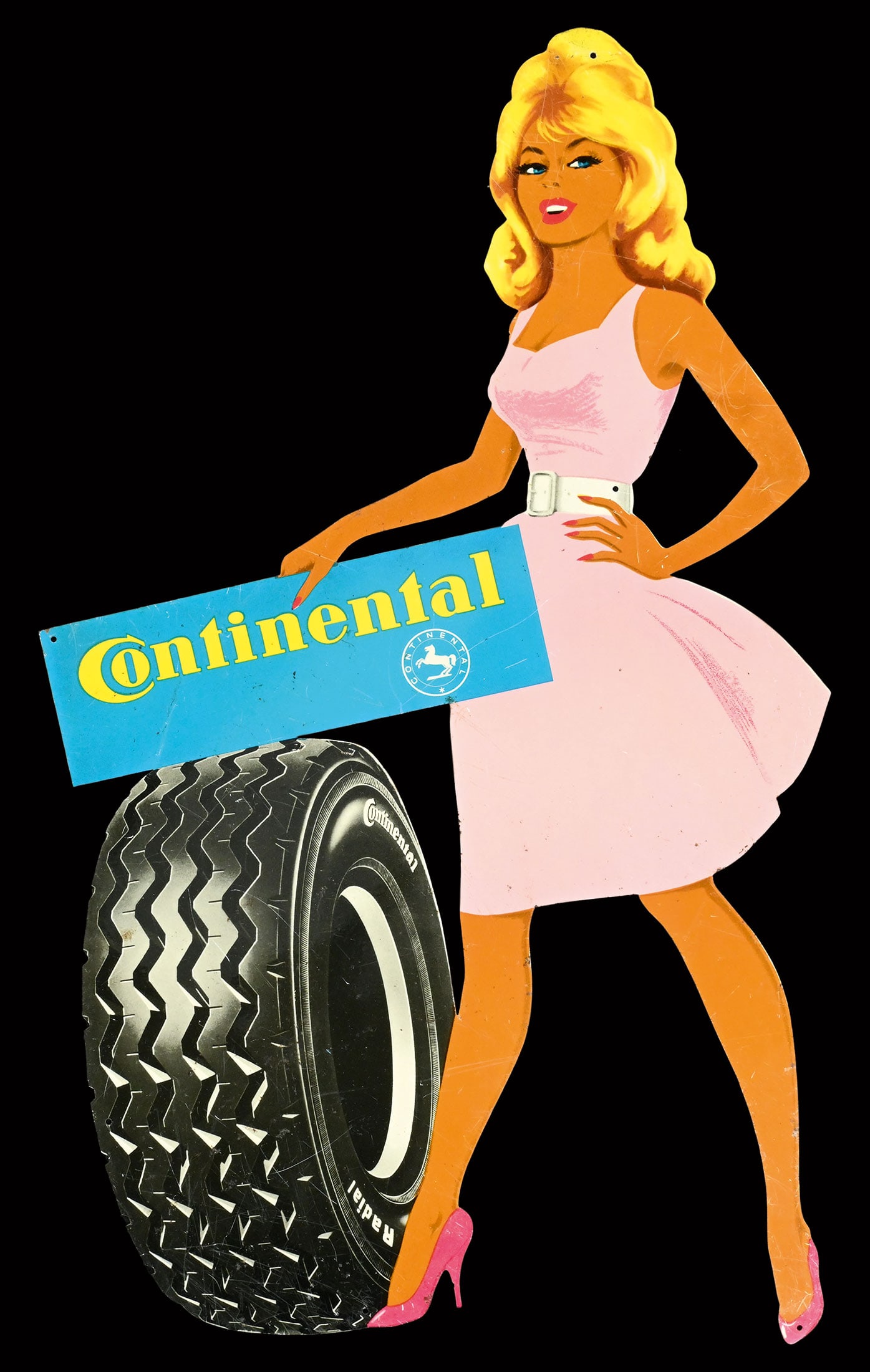 CONTINENTAL | 17" PIN UP: Tin, GER 1966, 26 x 44 cm, extremely rare and sought-after in this version with a pink dress | We do only sell old original pieces - no reproductions or fakes. We pack in house, most items can be ship