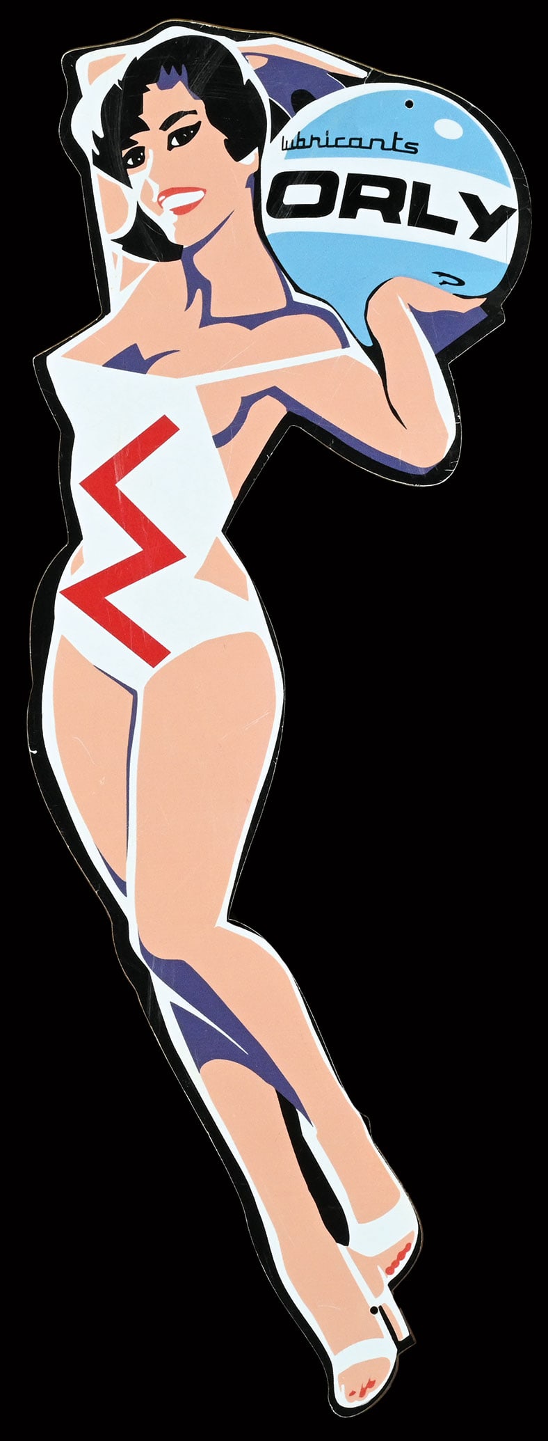 ORLY PIN UP | 19": Pin Up, thick tin, IRE around 1960, 17 x 48 cm, designed after a Central European model, this lady was produced for an Irish motor oil manufacturer, until a good decade ago, they were completely unkno