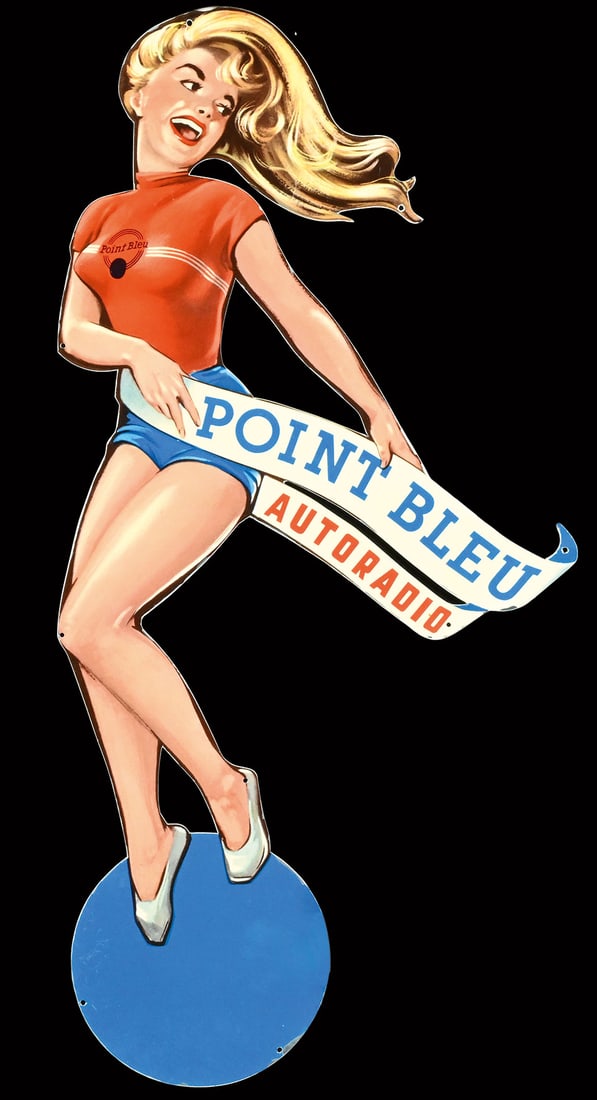 POINT BLEU AUTORADIO | 18" PIN UP: Pin Up, GER/F 1958, 22 x 45 cm, Blechemballage und Plakatindustrie m.b.H., Berlin, the rare French version of the Blaupunkt pin-up, light traces of usage on the border, a preservation that impresses, 